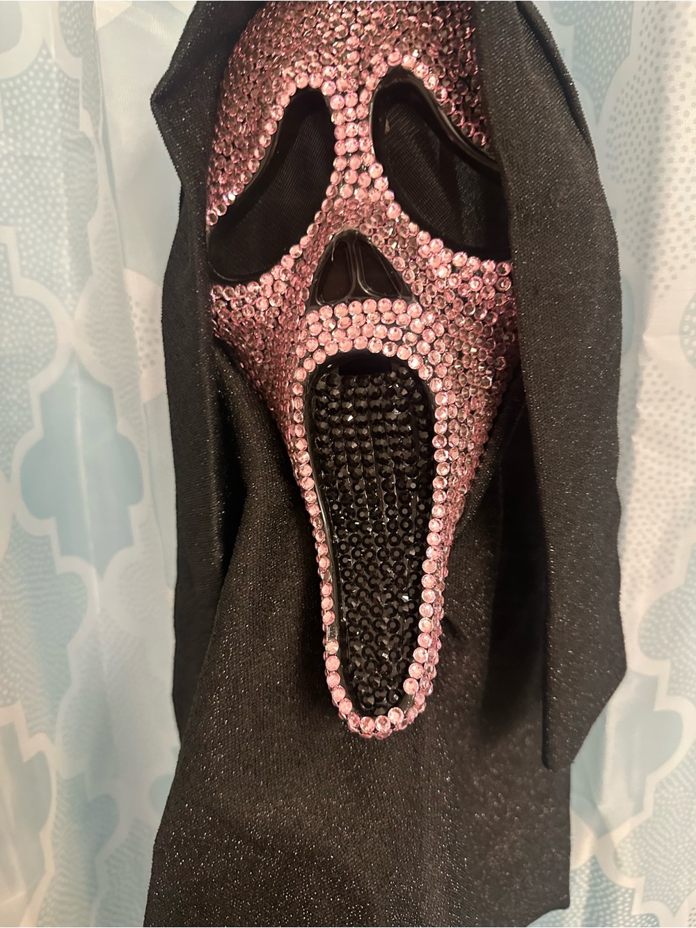 Adult Pink Rhinestone Ghost Face Costume Mask with Black Hood